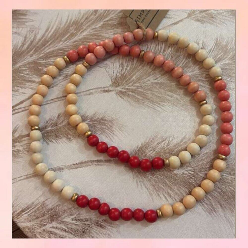 Long Wood Bead Necklace Coral Red Tan 38"